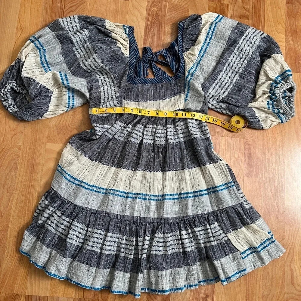 EUC Free People Chic Indigo Combo Gauzy mini dress with balloon sleeves sz XS